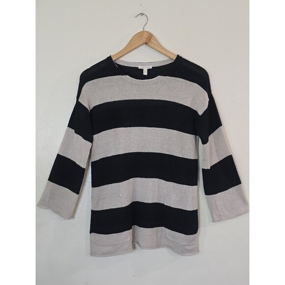 Eileen Fisher Organic Linen Sweater Women Size XXS Striped Beige Coastal Preppy - Picture 1 of 11